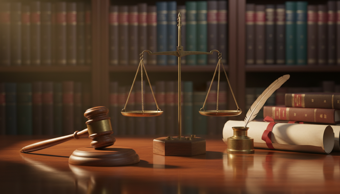 Gavel and a scale of justice on a wooden table