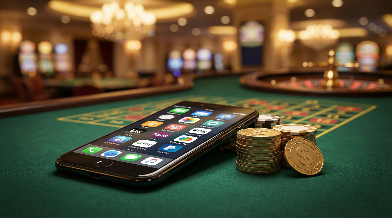 Smartfon z wyświetlonymi logotypami metod płatności takich jak BLIK, Skrill i krypto na tle rozmytego stołu do ruletki